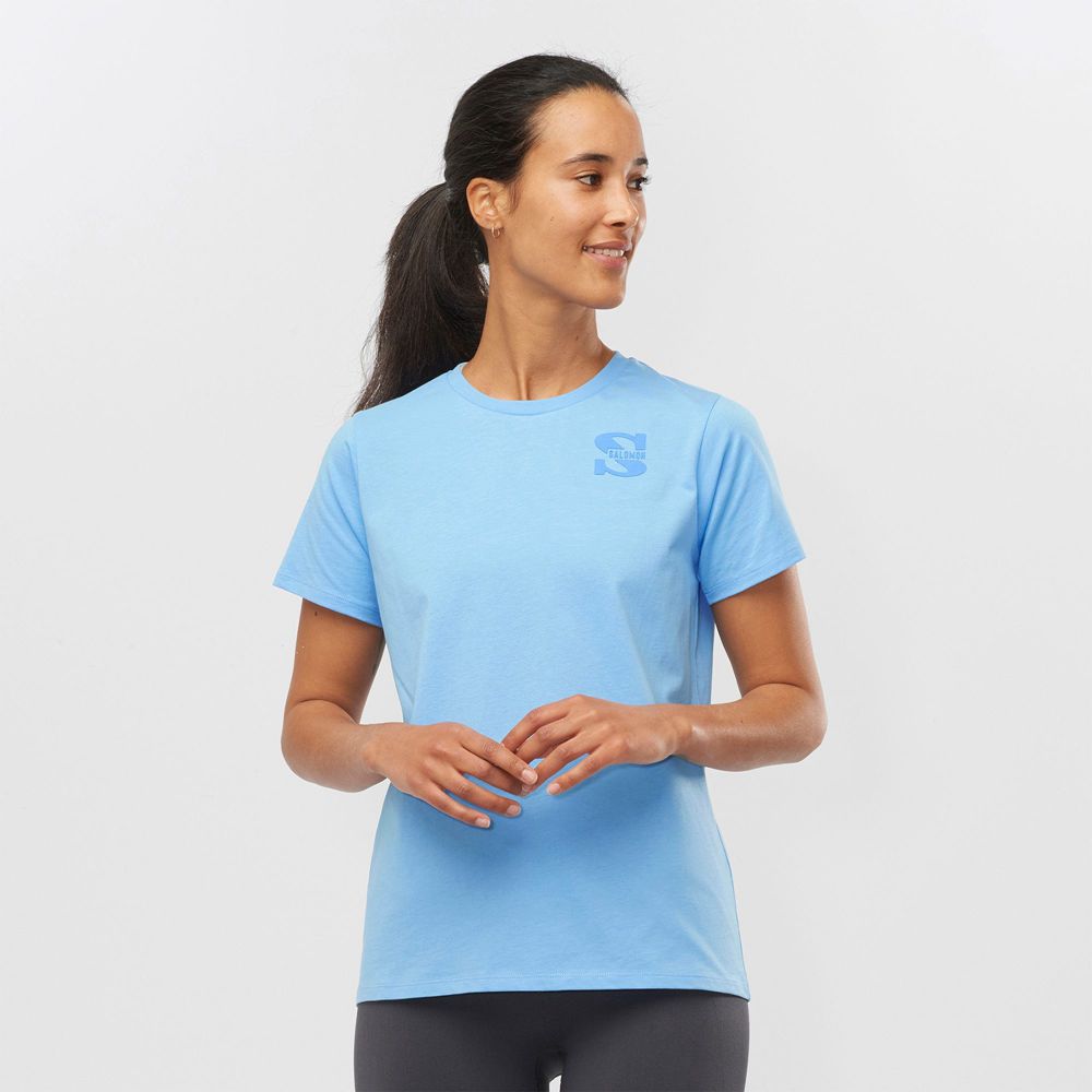 Salomon Singapore Womens T-shirts - OUTLIFE SMALL LOGO SS W Light Blue | 92540-JIWP